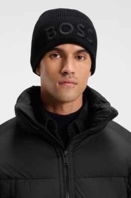Wool-blend beanie hat with embroidered logo, Black