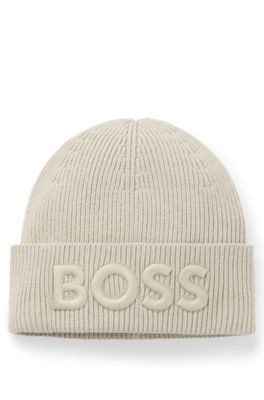 Wool-blend beanie hat with embroidered logo, Light Beige