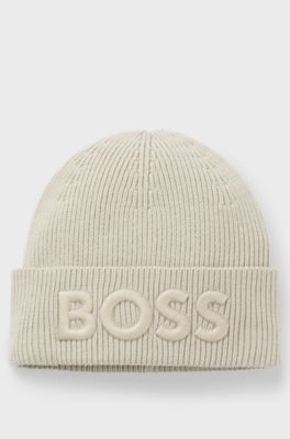 Wool-blend beanie hat with embroidered logo, Light Beige