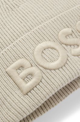 Wool-blend beanie hat with embroidered logo, Light Beige