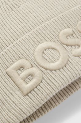 Wool-blend beanie hat with embroidered logo, Light Beige