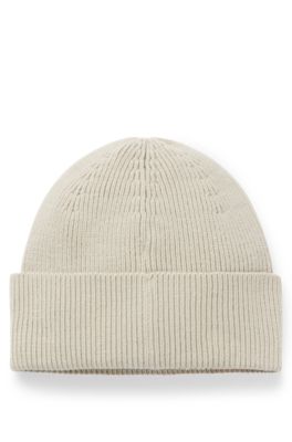 Wool-blend beanie hat with embroidered logo, Light Beige