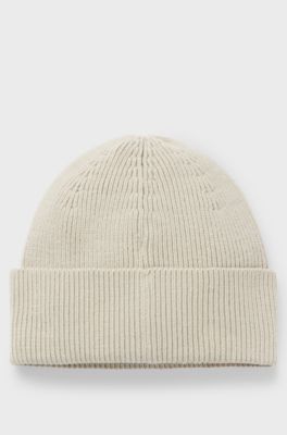 Wool-blend beanie hat with embroidered logo, Light Beige