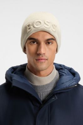 Wool-blend beanie hat with embroidered logo, Light Beige