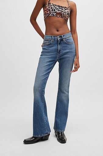 Skinny-fit flared jeans in blue super-stretch denim, Blue