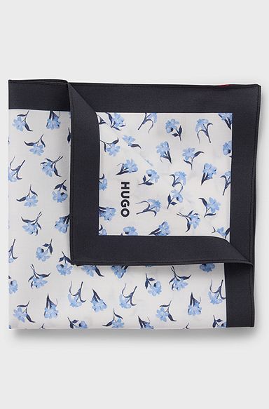 Floral-print pocket square in cotton, Light Blue