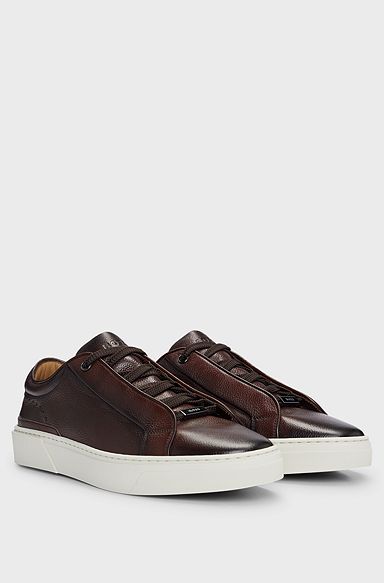 Gary grained-leather low-top trainers with branded metal lace loop, Dark Brown