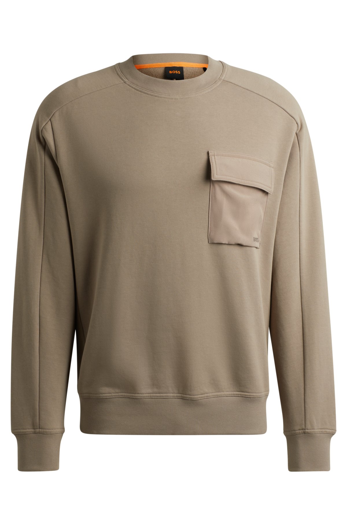 Cotton-terry sweatshirt with logo-embroidered pocket, Light Brown