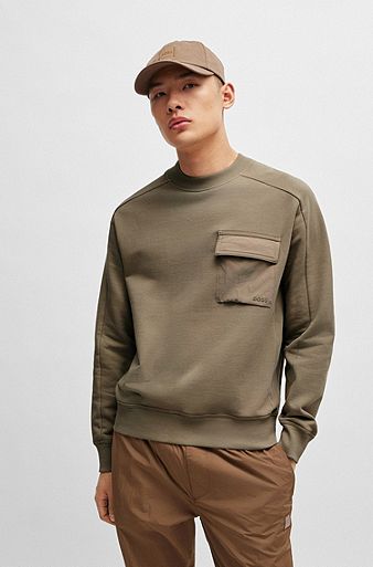Cotton-terry sweatshirt with logo-embroidered pocket, Light Brown