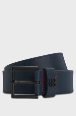 Leather belt with stacked-logo keeper, Dark Blue