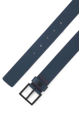 Leather belt with stacked-logo keeper, Dark Blue