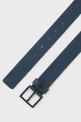 Leather belt with stacked-logo keeper, Dark Blue