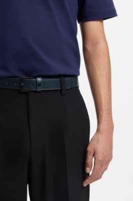 Leather belt with stacked-logo keeper, Dark Blue