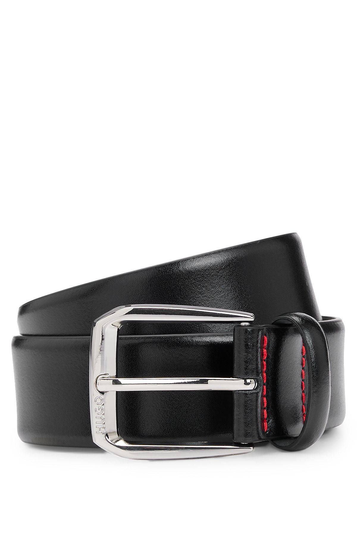 Italian-leather belt with branded buckle, Black