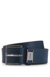 Ceinture en cuir avec passant logoté et garniture en métal couleur acier, Bleu foncé