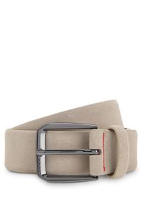 Italian-suede belt with angular logo buckle, Light Beige