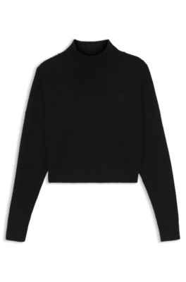 Cropped rollneck sweater with Happy HUGO logo embroidery, Black