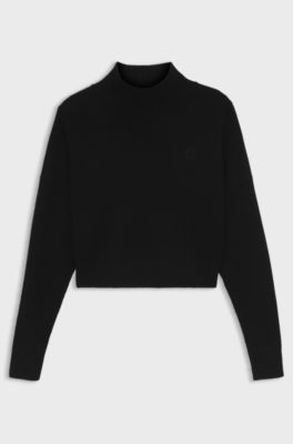 Cropped rollneck sweater with Happy HUGO logo embroidery, Black