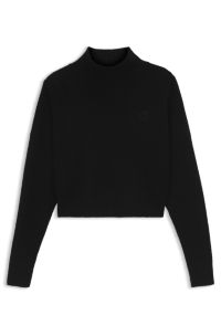 Cropped rollneck sweater with Happy HUGO logo embroidery, Black