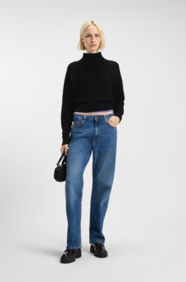 Cropped rollneck sweater with Happy HUGO logo embroidery, Black