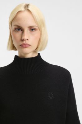Cropped rollneck sweater with Happy HUGO logo embroidery, Black