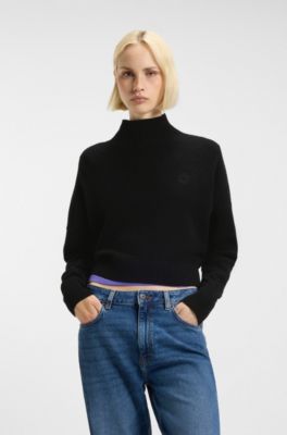 Cropped rollneck sweater with Happy HUGO logo embroidery, Black