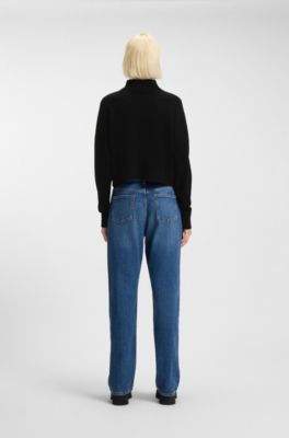 Cropped rollneck sweater with Happy HUGO logo embroidery, Black