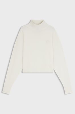 Cropped rollneck sweater with Happy HUGO logo embroidery, White