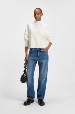 Cropped rollneck sweater with Happy HUGO logo embroidery, White