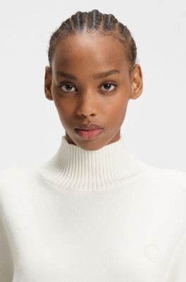 Cropped rollneck sweater with Happy HUGO logo embroidery, White