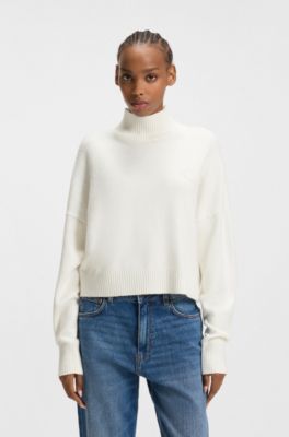 Cropped rollneck sweater with Happy HUGO logo embroidery, White