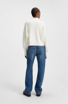 Cropped rollneck sweater with Happy HUGO logo embroidery, White