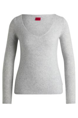 Hugo Slim-fit Wool-blend Sweater With V Neckline In Gray