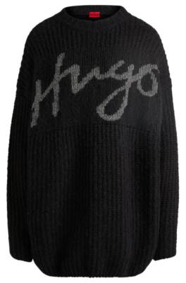 Shop Hugo Oversized-fit Sweater With Sparkling Handwritten Logo In 블랙