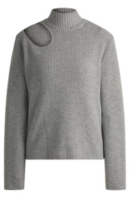 Hugo Relaxed-fit Mock-neck Sweater With Cut-out Detail In Gray