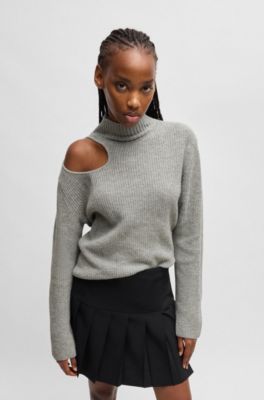 HUGO - Relaxed-fit mock-neck sweater with cut-out detail - Grey 