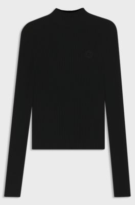 Mock-neck sweater with embroidered Happy HUGO logo, Black