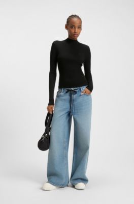 Mock-neck sweater with embroidered Happy HUGO logo, Black