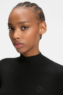 Mock-neck sweater with embroidered Happy HUGO logo, Black