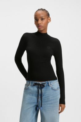 Mock-neck sweater with embroidered Happy HUGO logo, Black