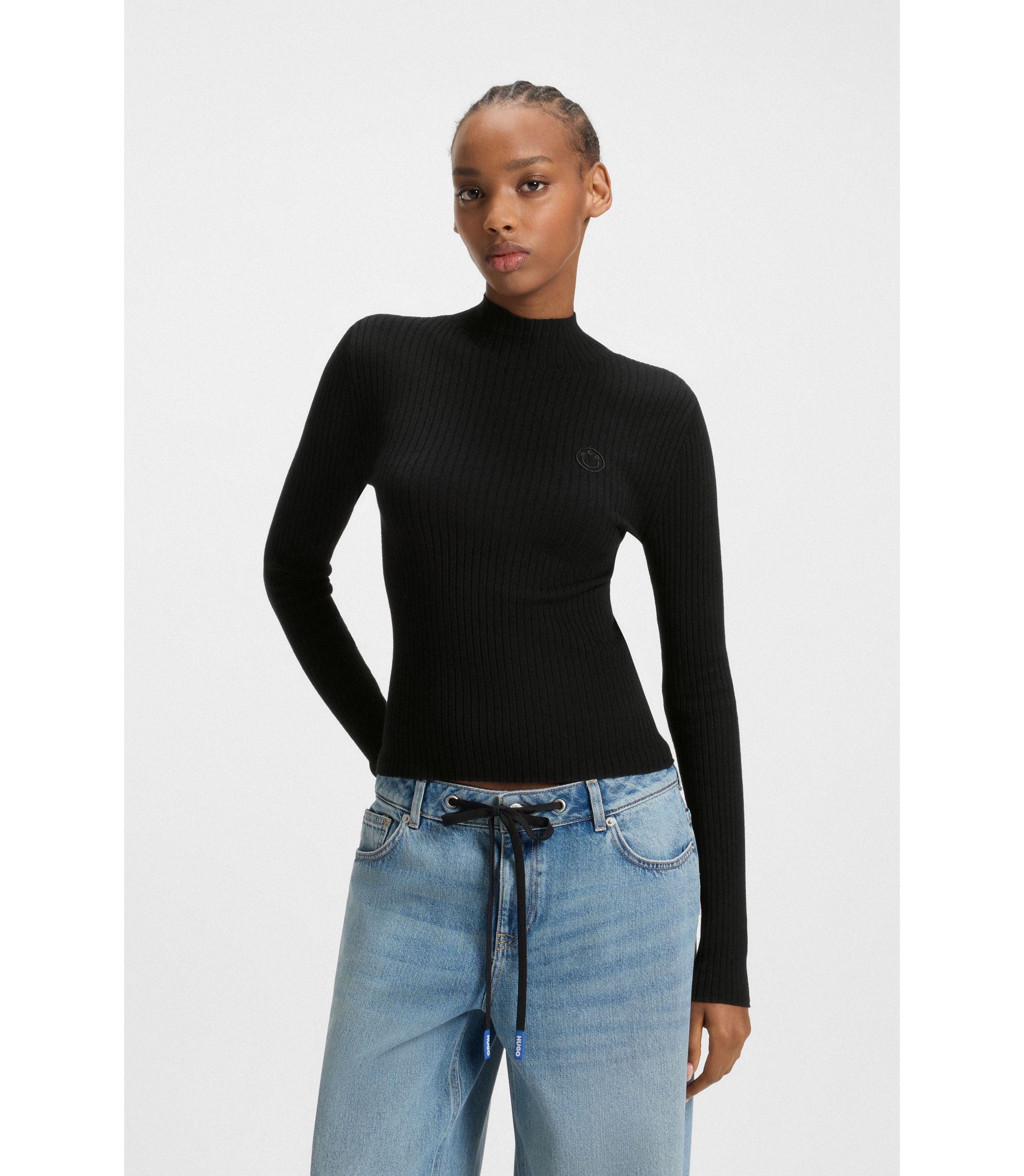 HUGO - Mock-neck sweater with embroidered Happy HUGO logo