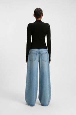 Mock-neck sweater with embroidered Happy HUGO logo, Black