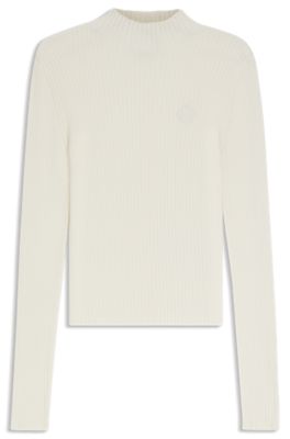 Mock-neck sweater with embroidered Happy HUGO logo, White