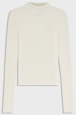Mock-neck sweater with embroidered Happy HUGO logo, White