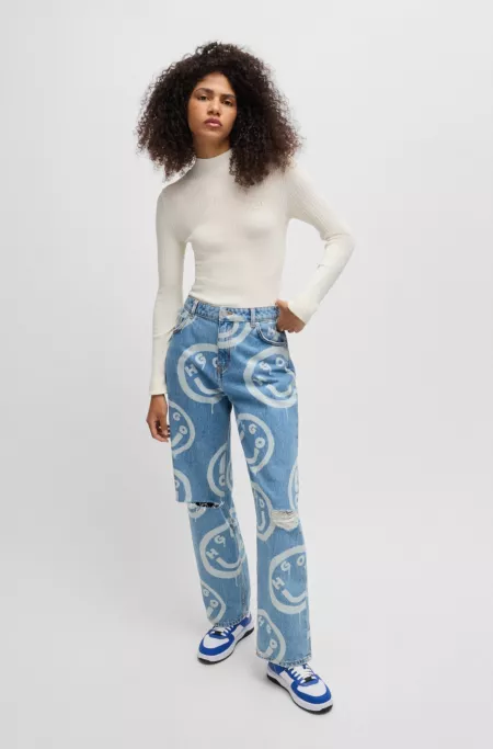 Mock-neck sweater with embroidered Happy HUGO logo