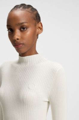 Mock-neck sweater with embroidered Happy HUGO logo, White