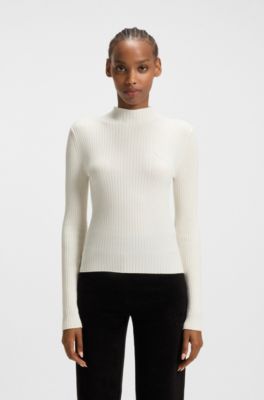 Mock-neck sweater with embroidered Happy HUGO logo, White