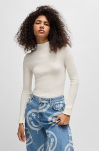 Mock-neck sweater with embroidered Happy HUGO logo, White