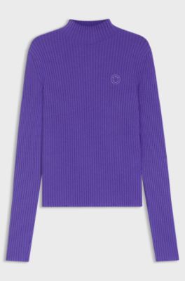 Mock-neck sweater with embroidered Happy HUGO logo, Purple