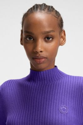 Mock-neck sweater with embroidered Happy HUGO logo, Purple